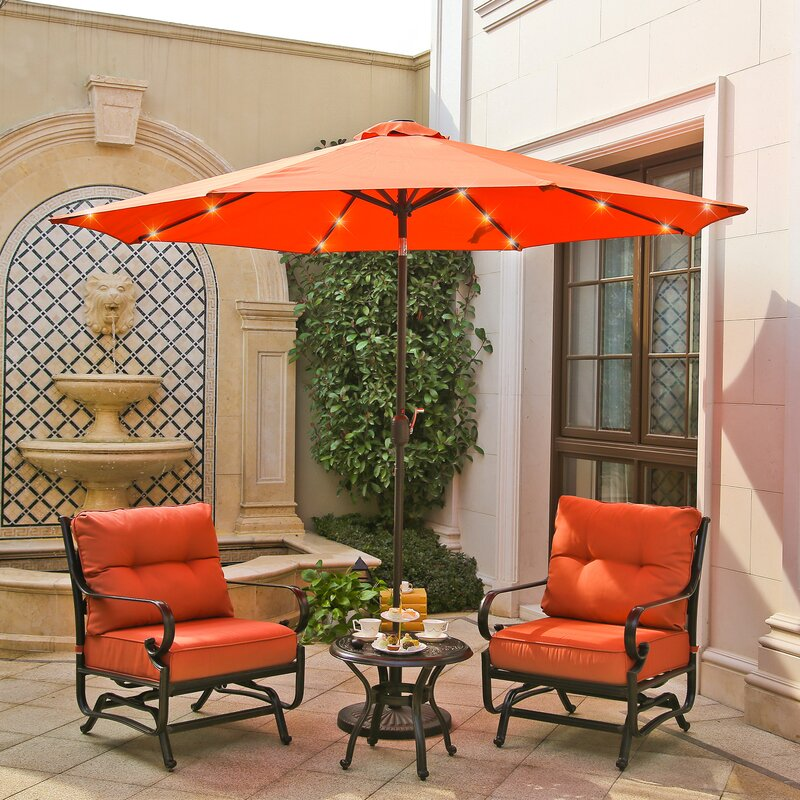 9ft Patio Umbrella Outdoor Market 32 LED Solar Umbrella with Tilt and Crank(Orange Red)