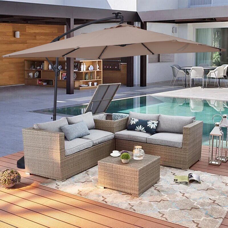 Clihome 8.5Ft Square 32 LED Solar Outdoor Market Cantilever Patio Umbrella with Aluminum Hanging Umbrella with Tilt and Base