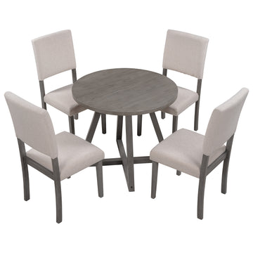 Mid-Century Wood 5-Piece Kitchen Dining Table Set with Round Table, 4 Upholstered Dining Chairs for Small Places, Gray Table + Beige Chair