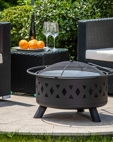 Round Outdoor Fire Pit with BBQ Grill- Black