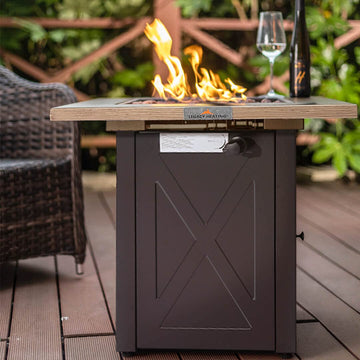 28inch Outdoor Gas Fire Pit Table , 48,000 BTU, Square Outside Propane Patio Fire-table, Bionic Wood Grain Lid