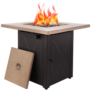 28inch Outdoor Gas Fire Pit Table , 48,000 BTU, Square Outside Propane Patio Fire-table, Bionic Wood Grain Lid