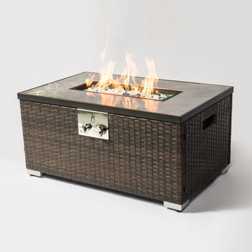 32inch Outdoor Fire Table Rectangle Gas Fire Pit with Glass Stones in Mixing Colors and Metal Cover
