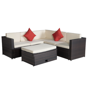 Patio Set 4-Piece Brown Poly Rattan Cushion Combined 2 Pillows Sectional Option Sofa Sets And Multi-functional Table