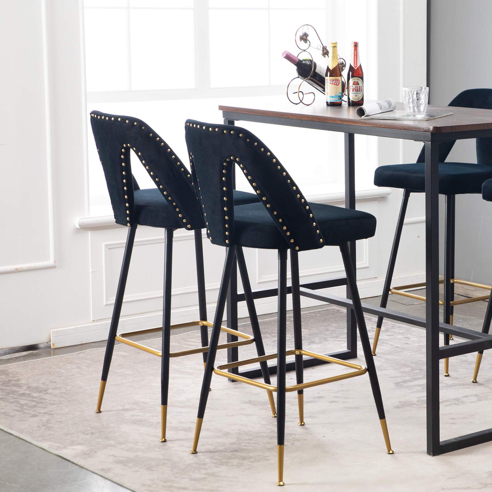 Contemporary Velvet Upholstered 28" Bar Stool with Nail-heads and Gold Tipped Black Metal Legs,Set of 2