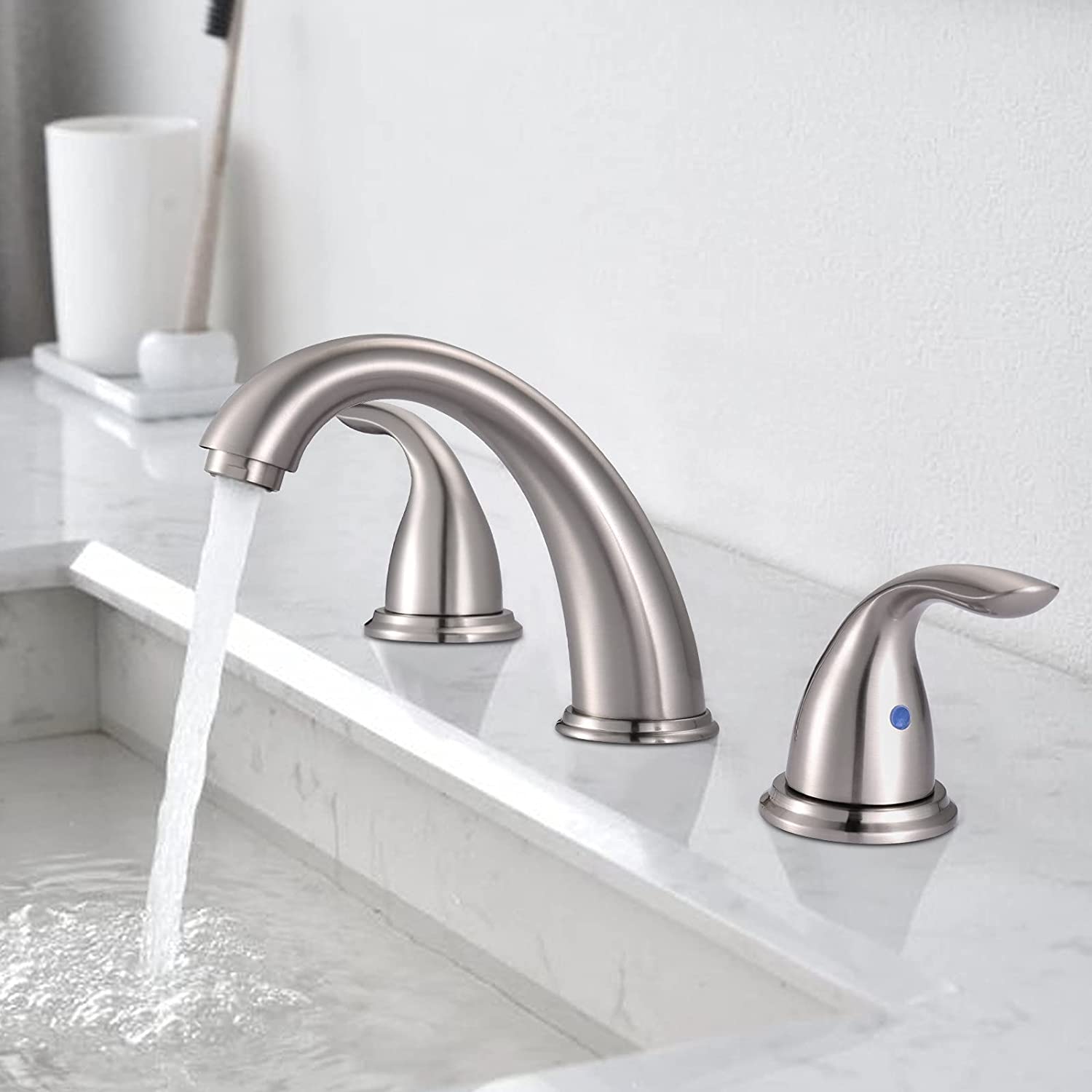 Widespread Bathroom Faucet Brushed Nickel 3 Hole Install,Double Handles Bathroom Faucet with Pop Up Drain and Hot & Cold Water Supply Hoses
