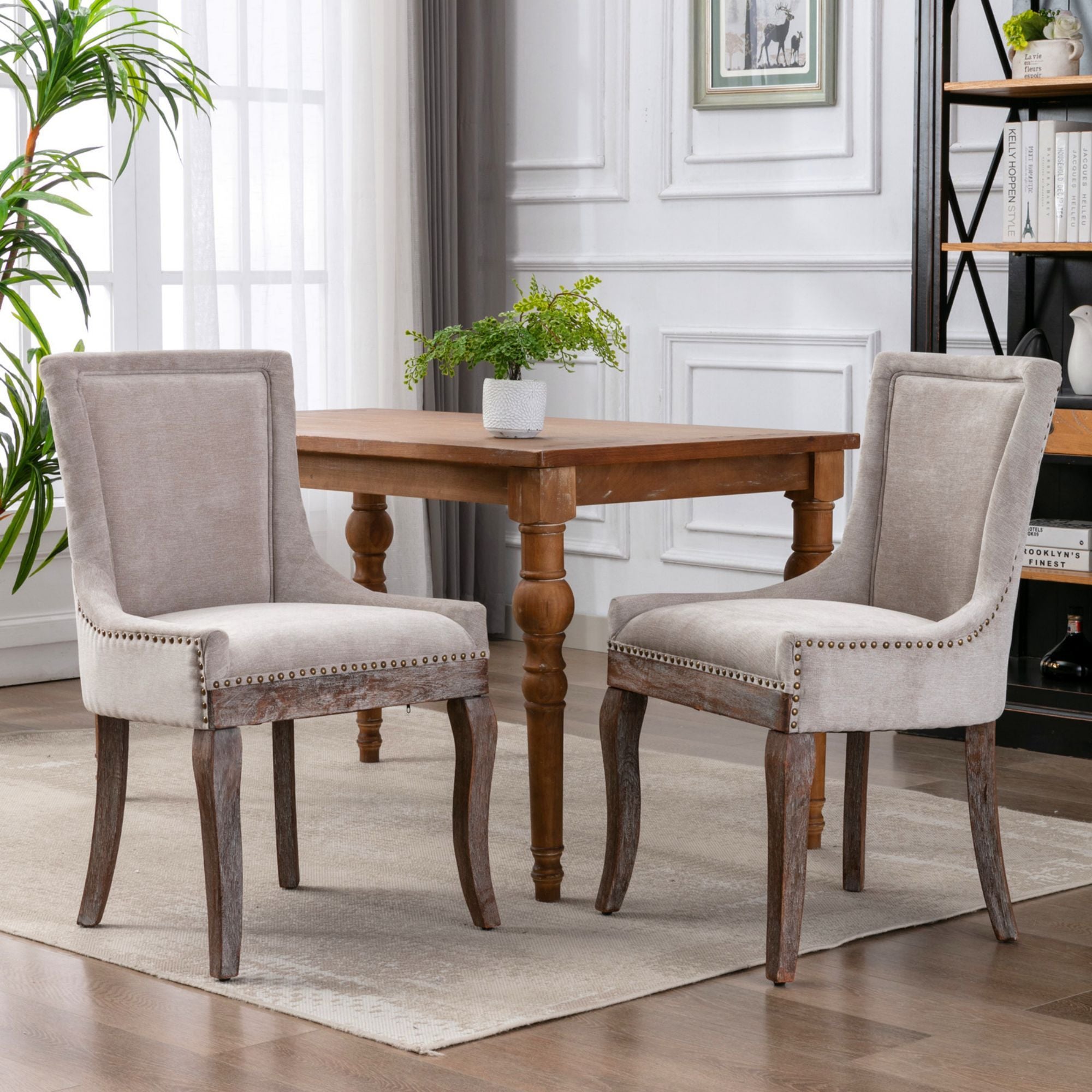 Thickened Fabric Chairs with Neutrally Toned Solid Wood Legs, Set of 2