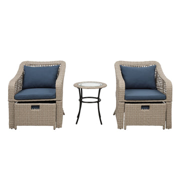 5-Piece Wicker Outdoor Dining Set with Blue Cushion