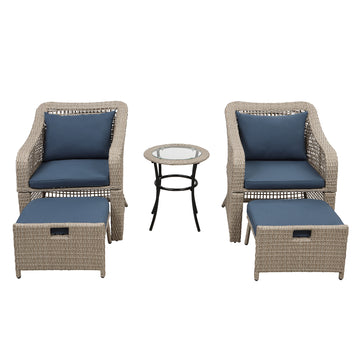 5-piece Outdoor Conversation Set Patio Furniture Set Bistro Set Rattan Wicker Chairs with Stools and Tempered Glass Table