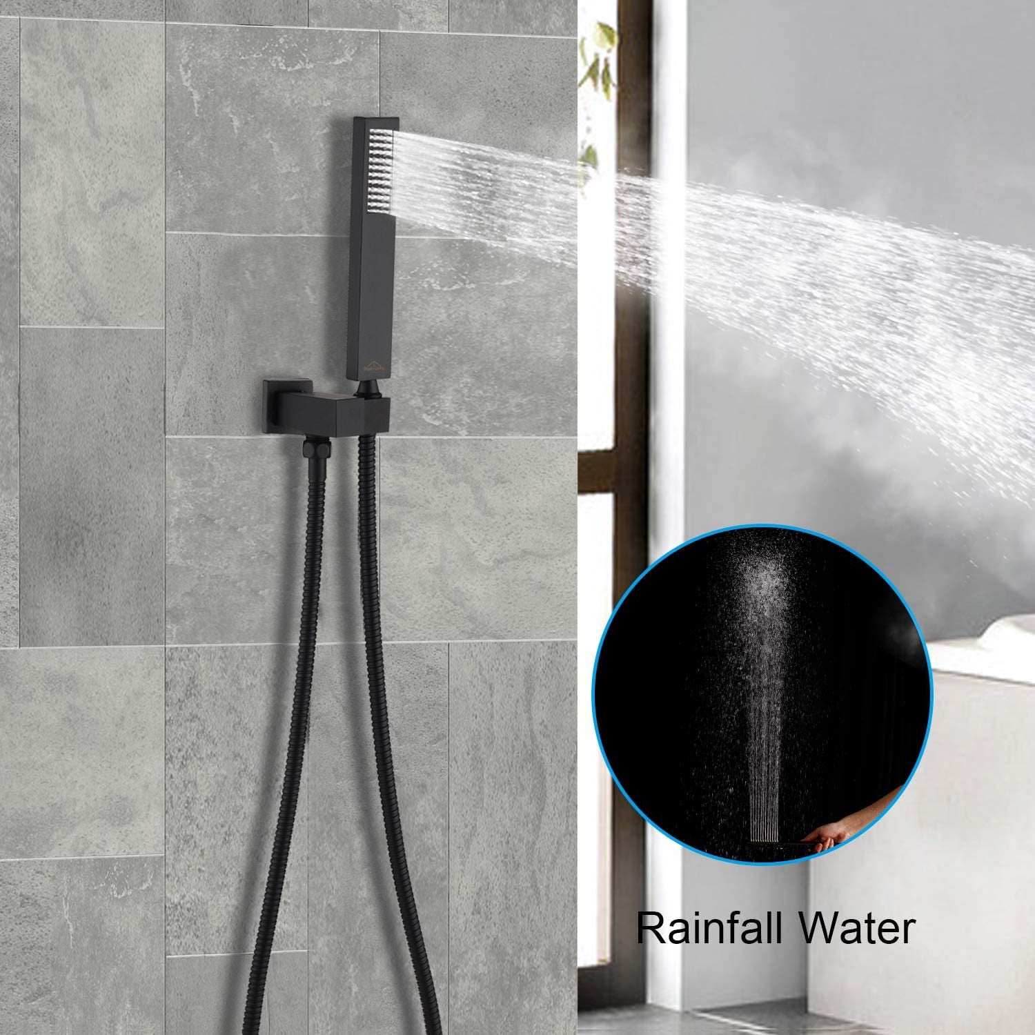 Shower System Wall Mounted with 10 in. Square Rainfall Shower head and Handheld Shower Head Set, Matte Black - Alipuinc