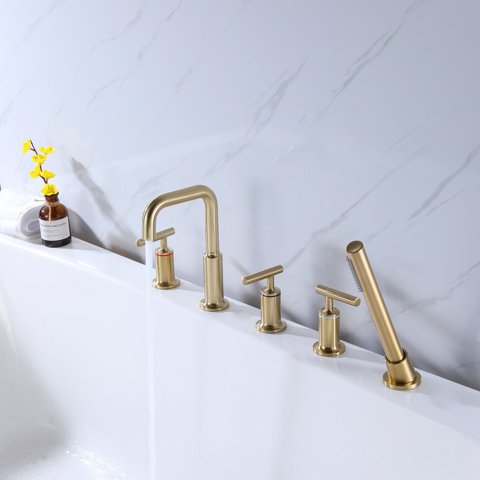 Clihome® | High Arc Triple Handle Deck Mounted Roman Tub Faucet in  Brushed Gold