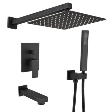 Shower System Wall Mounted with 12 in. Square Rainfall Shower head and Handheld Shower Head Set, Matte Black - Alipuinc