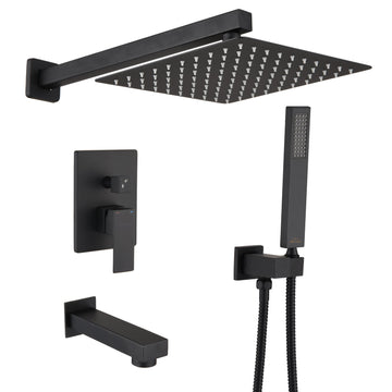 Shower System Wall Mounted with 12 in. Square Rainfall Shower head and Handheld Shower Head Set, Matte Black