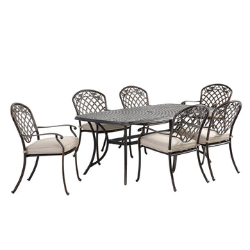 7-piece cast aluminum dining table set with rectangular rounded corner table and diagonal mesh backrest dining chairs