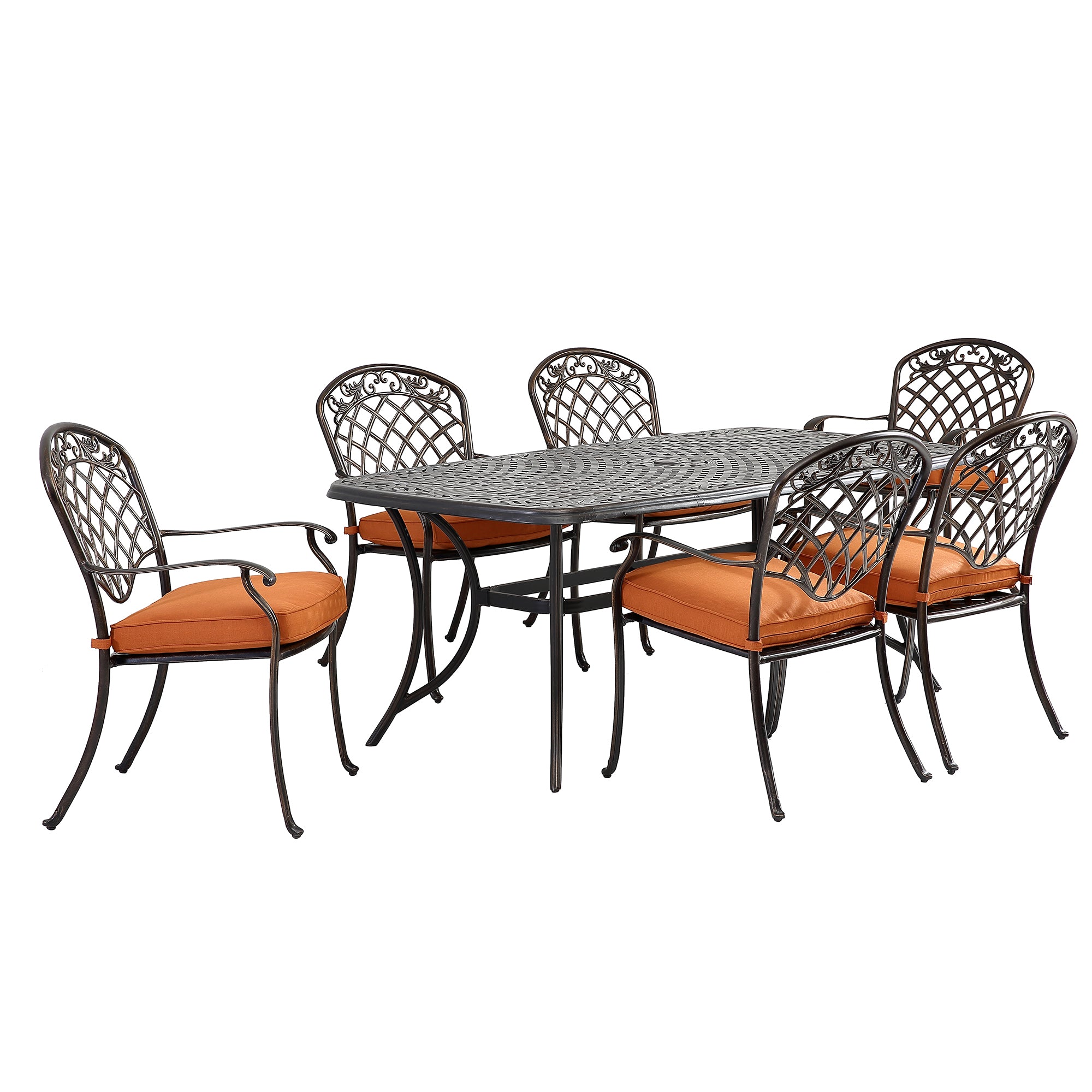 7-piece cast aluminum dining table set with rectangular rounded corner table and diagonal mesh backrest dining chairs