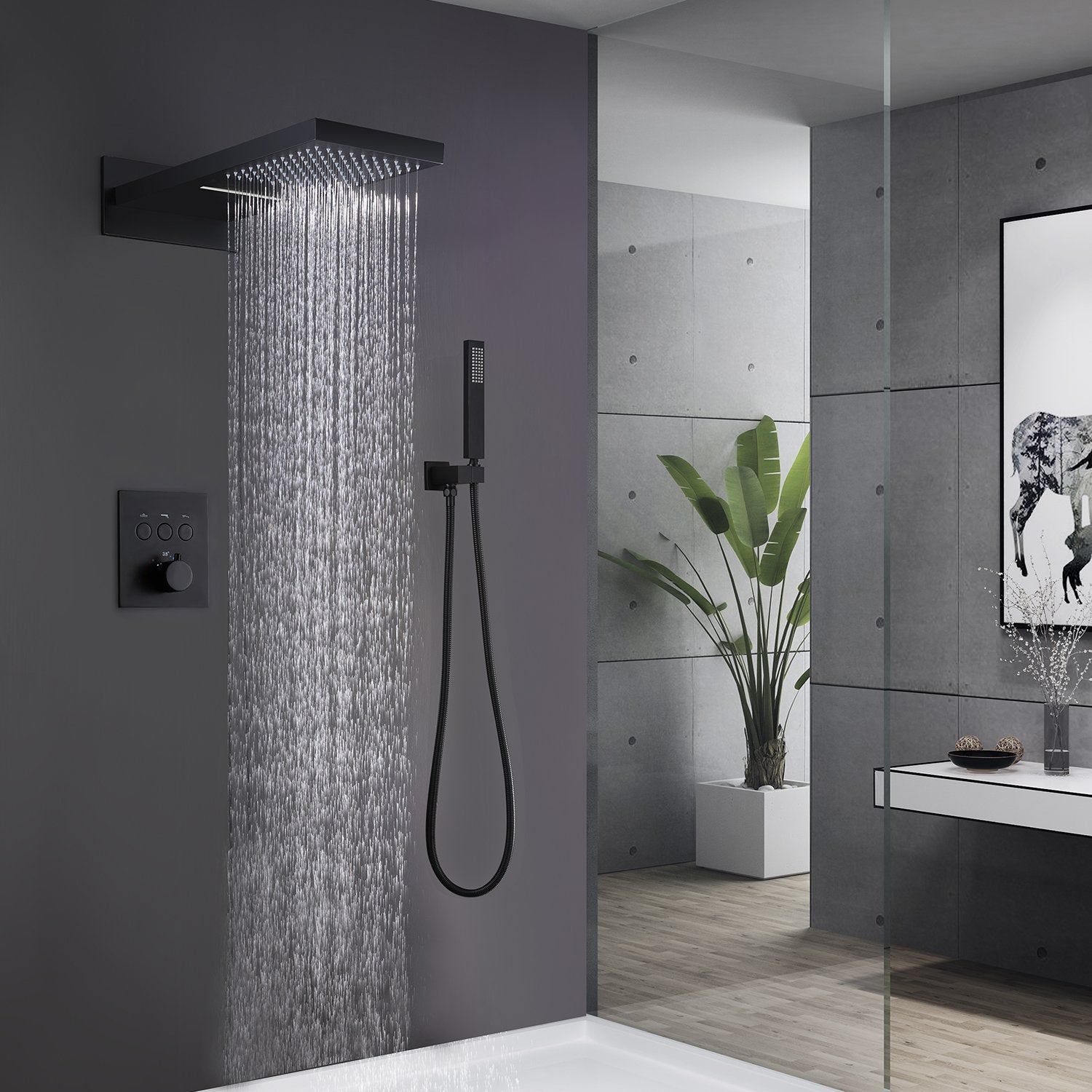 Clihome® | Waterfall Top Spray Wall Type Bathroom Shower System with Constant temperature shower, top spray and two water outlet methods