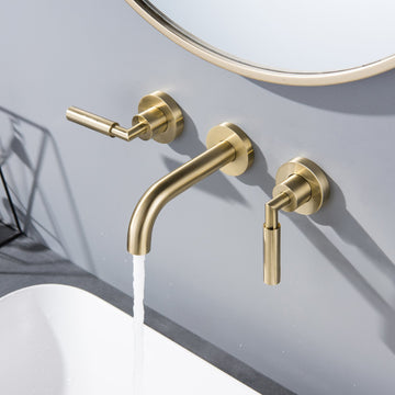 Clihome® | Modern 2-Handle 3-Hole Brass Wall Mounted Bathroom Faucet in Brushed Gold