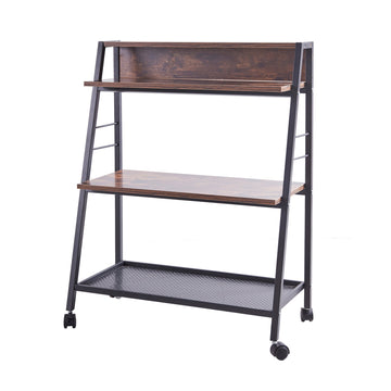Clihome 35 in. H Brown Wood 3-Shelf Ladder Bookcase with Open Back and Wheels