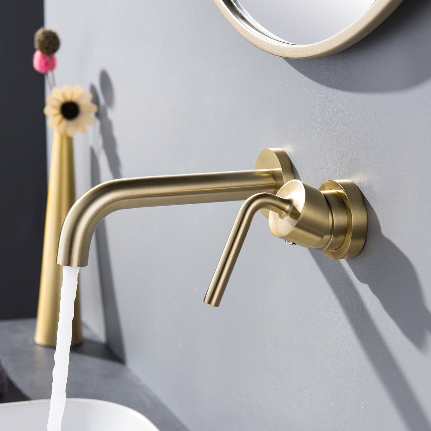 Clihome® | Single-Handle Brass Bathroom Faucet with Handles Wall Mount in Brushed Gold