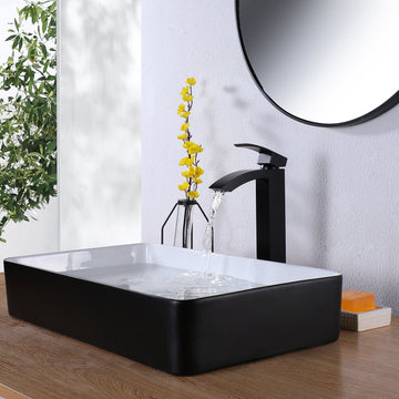 Clihome® | Waterfall Single Hole Single-Handle Low-Arc Tall Bathroom Faucet with Deck Plate for Vessel Sink in Black