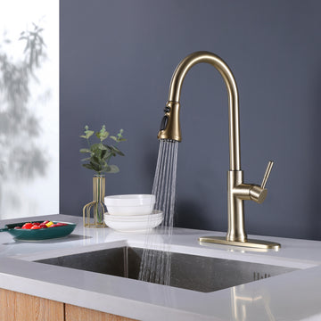 Clihome® | Single-Handle Pull-Down Sprayer Kitchen Faucet With Deck Plate in Brushed Glod