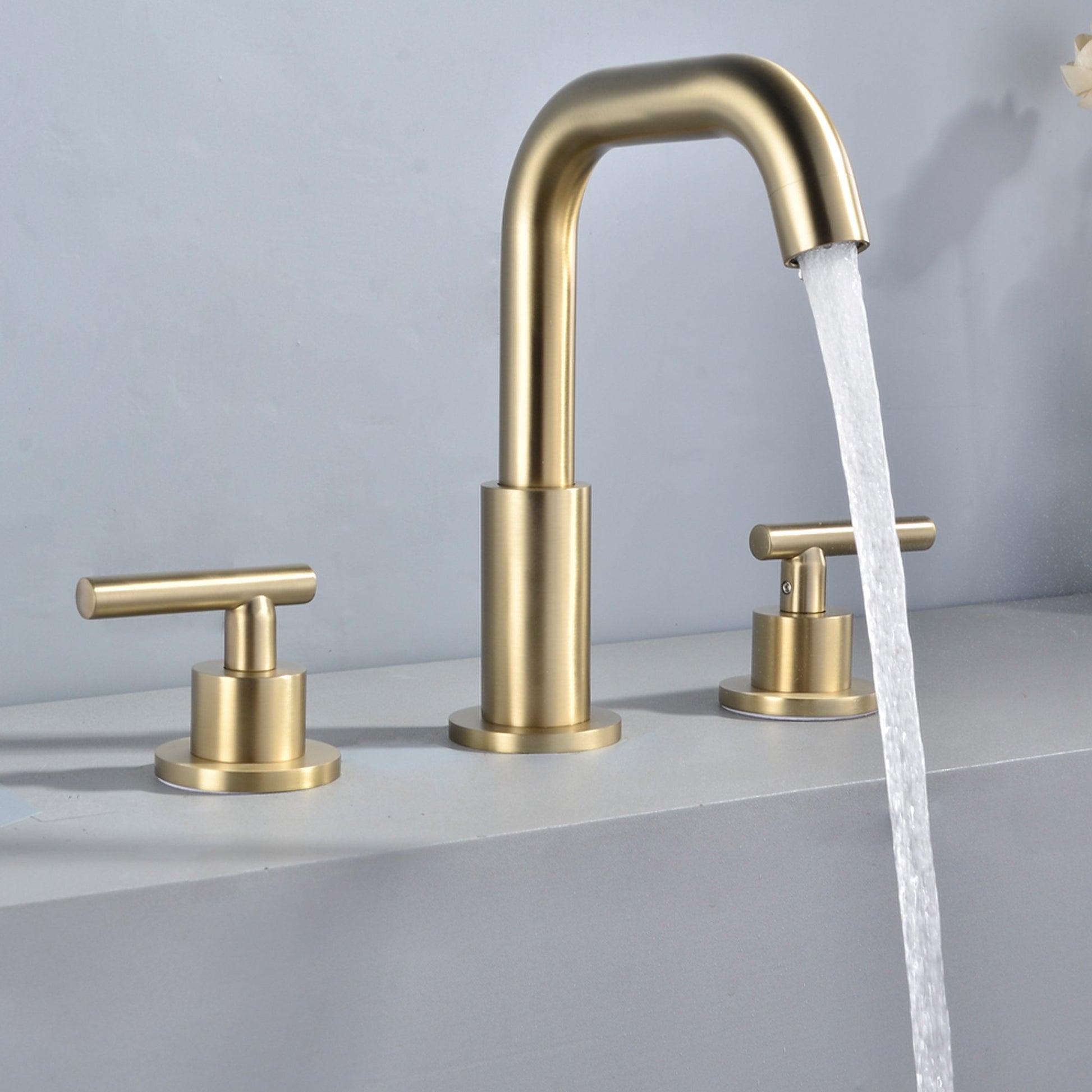 8 in. Widespread 2-Handle Mid-Arc Bathroom Faucet with Valve and cUPC Water Supply Lines in Brushed Gold - Alipuinc