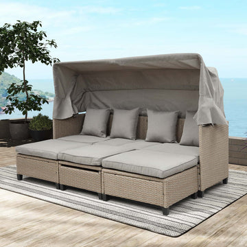 4-Piece Wicker Patio Sofa Set with Retractable Canopy, Cushions and Lifting Table,Brown