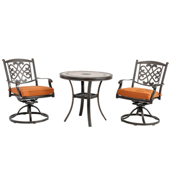 3-piece cast aluminum dining chair set Tile-Top Dining Table and flower-shaped back swivel chair