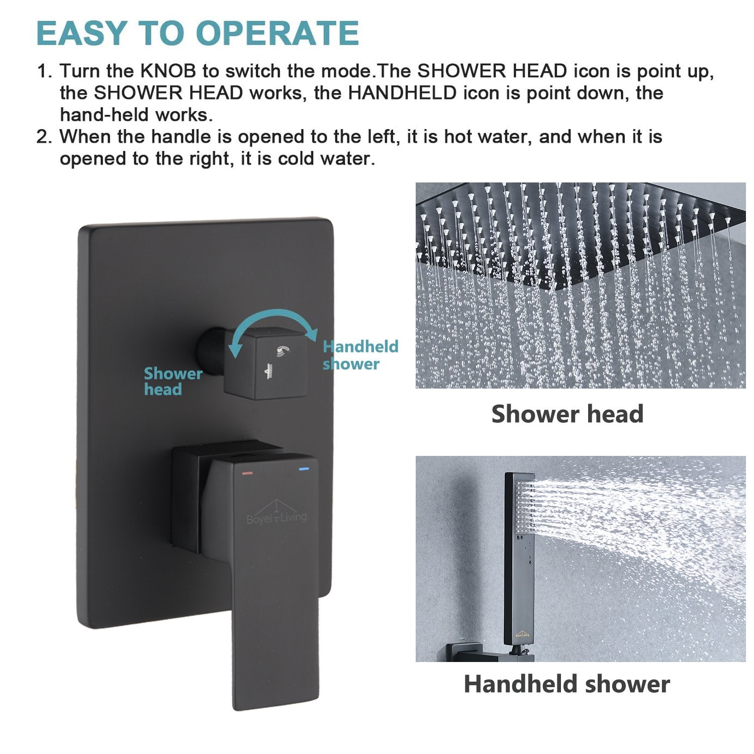 Shower System Wall Mounted with 10 in. Square Rainfall Shower head and Handheld Shower Head Set, Matte Black - Alipuinc
