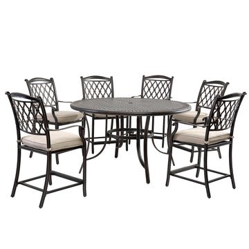 7-piece cast aluminum dining table set, round coffee table and cast aluminum high dining chairs