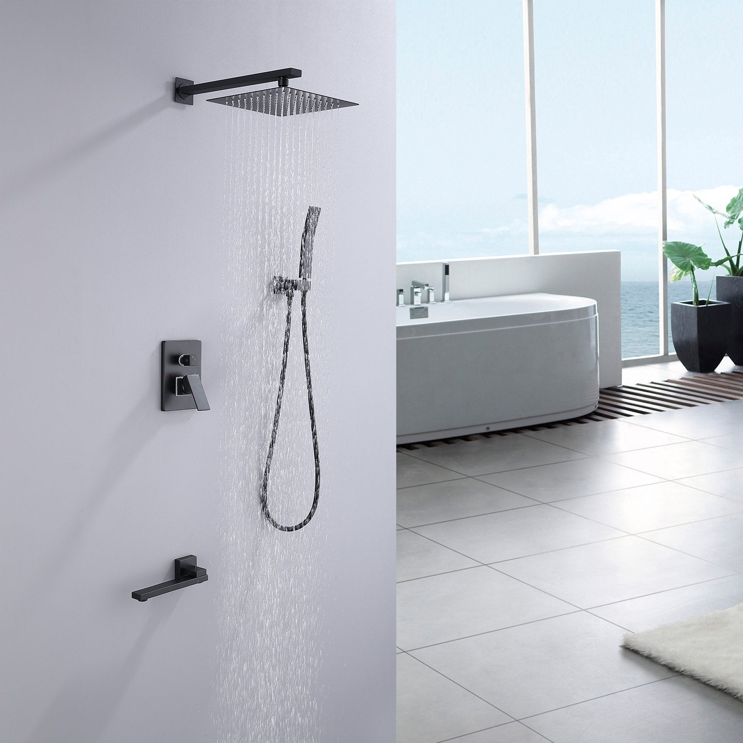 10 in. Complete Shower System with Bath Tub Faucet and Rough-in Valve in Matte Black - Alipuinc