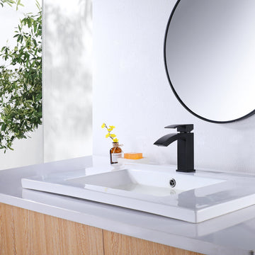 Clihome® | Waterfall Single Hole Single-Handle Low-Arc Bathroom Faucet with Deck Plate in Matte Black