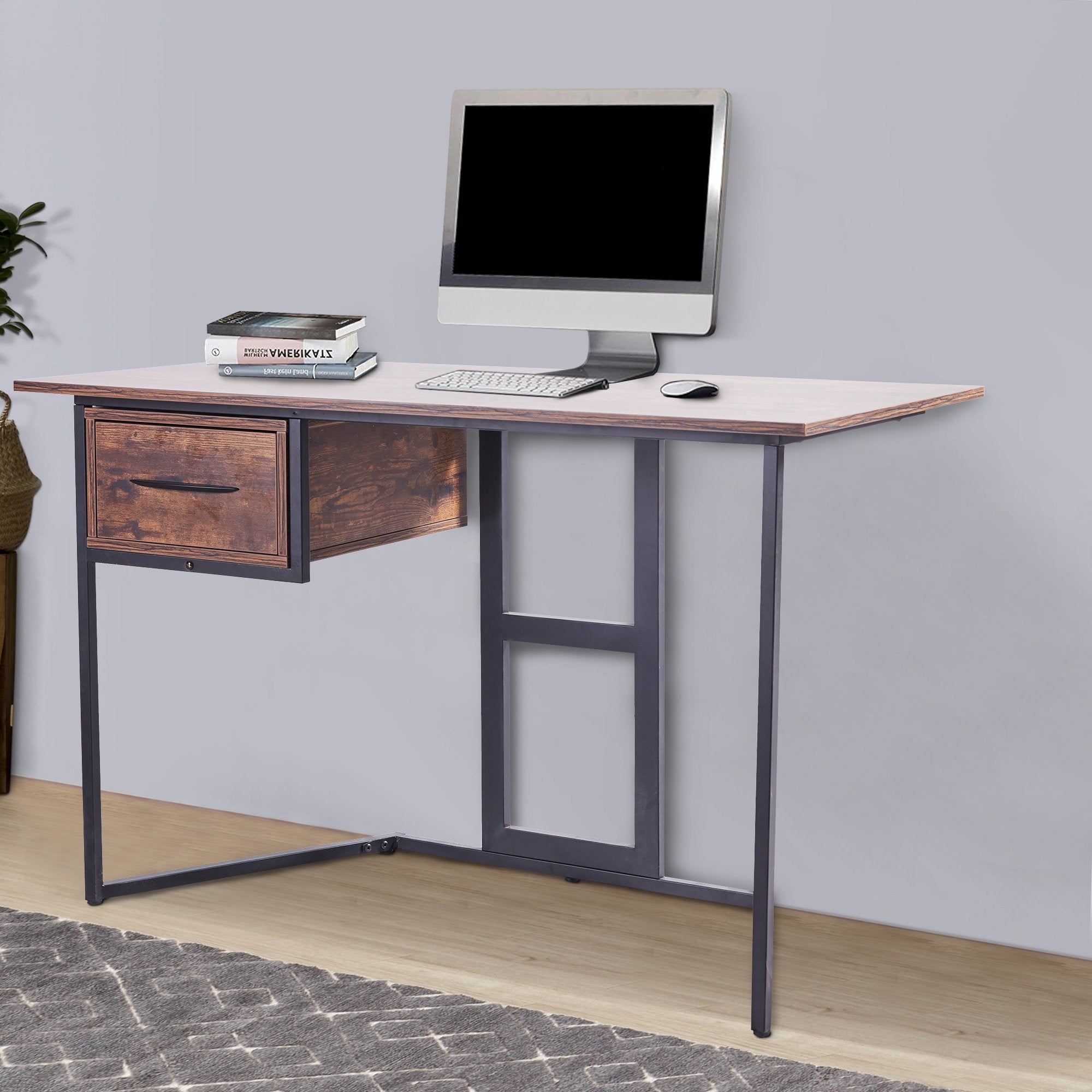 Clihome 47 in. W Designed Rectangle Brown Wood 1-Drawer Executive Desk with Storage