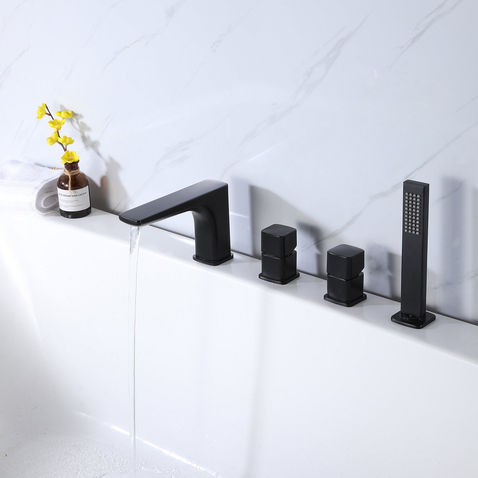 Clihome® | Modern Two-handle 4-hole Bathtub Faucet with Handheld in Matte Black