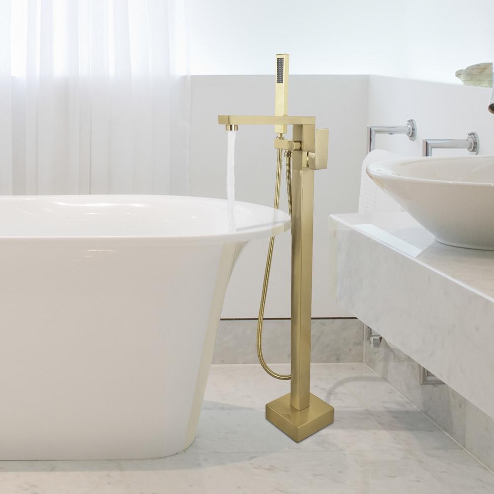 Freestanding Floor Mount Single Handle Bath Tub Filler Faucet with Handheld Shower in Brushed Gold - Alipuinc