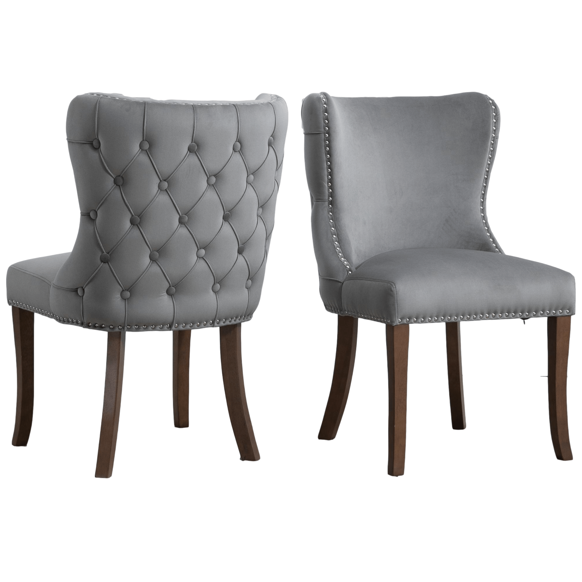 2 PCS Upholstered Wing-Back Dining Chair with Back-stitching Nail-head Trim and Solid Wood Legs