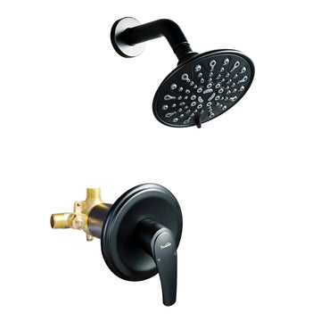 6-Spray Patterns with 2.1 GPM 6 in. Wall Mount Rain Fixed Shower Head with Single Lever Handle and Valve in Matte Black