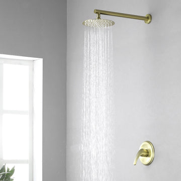 1-Spray Patterns with 2.5 GPM 8 in. Wall Mount Rain Fixed Shower Head with Single Lever Handle and Valve in Brushed Gold