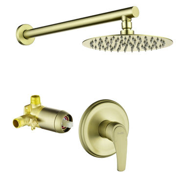 1-Spray Patterns with 2.5 GPM 8 in. Wall Mount Rain Fixed Shower Head with Single Lever Handle and Valve in Brushed Gold