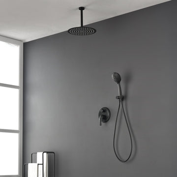 12 in. Ceiling Mount Dual Shower Heads with Valve Included in Matte Black