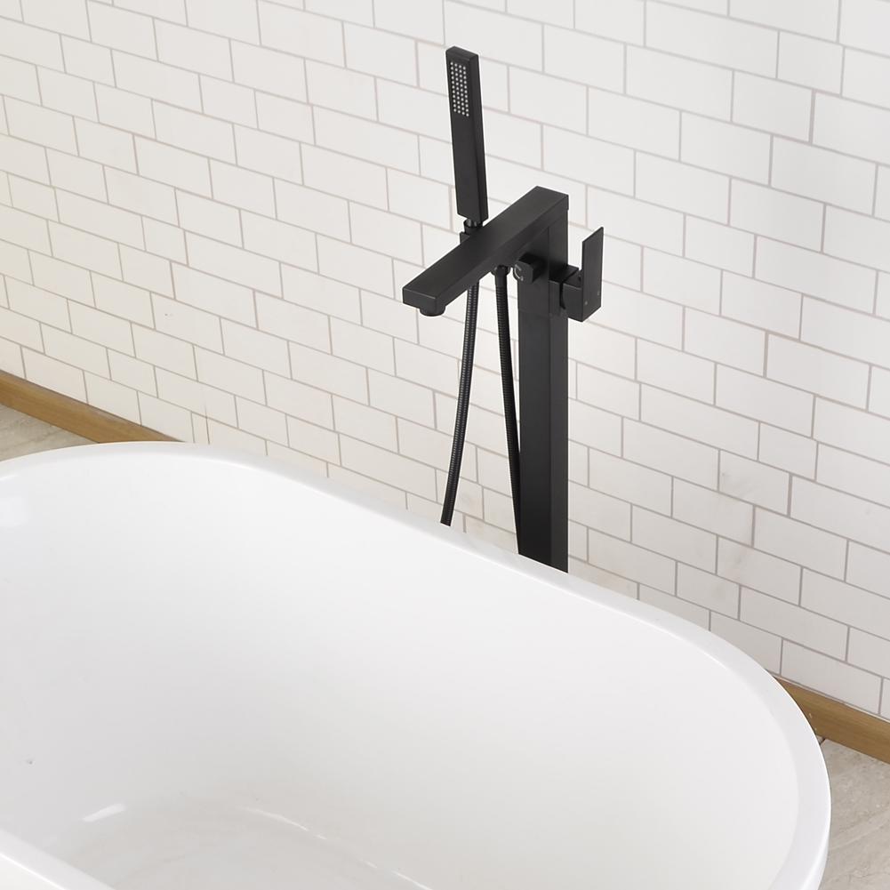Freestanding Floor Mount Single Handle Bath Tub Filler Faucet with Handheld Shower in Matte Black - Alipuinc