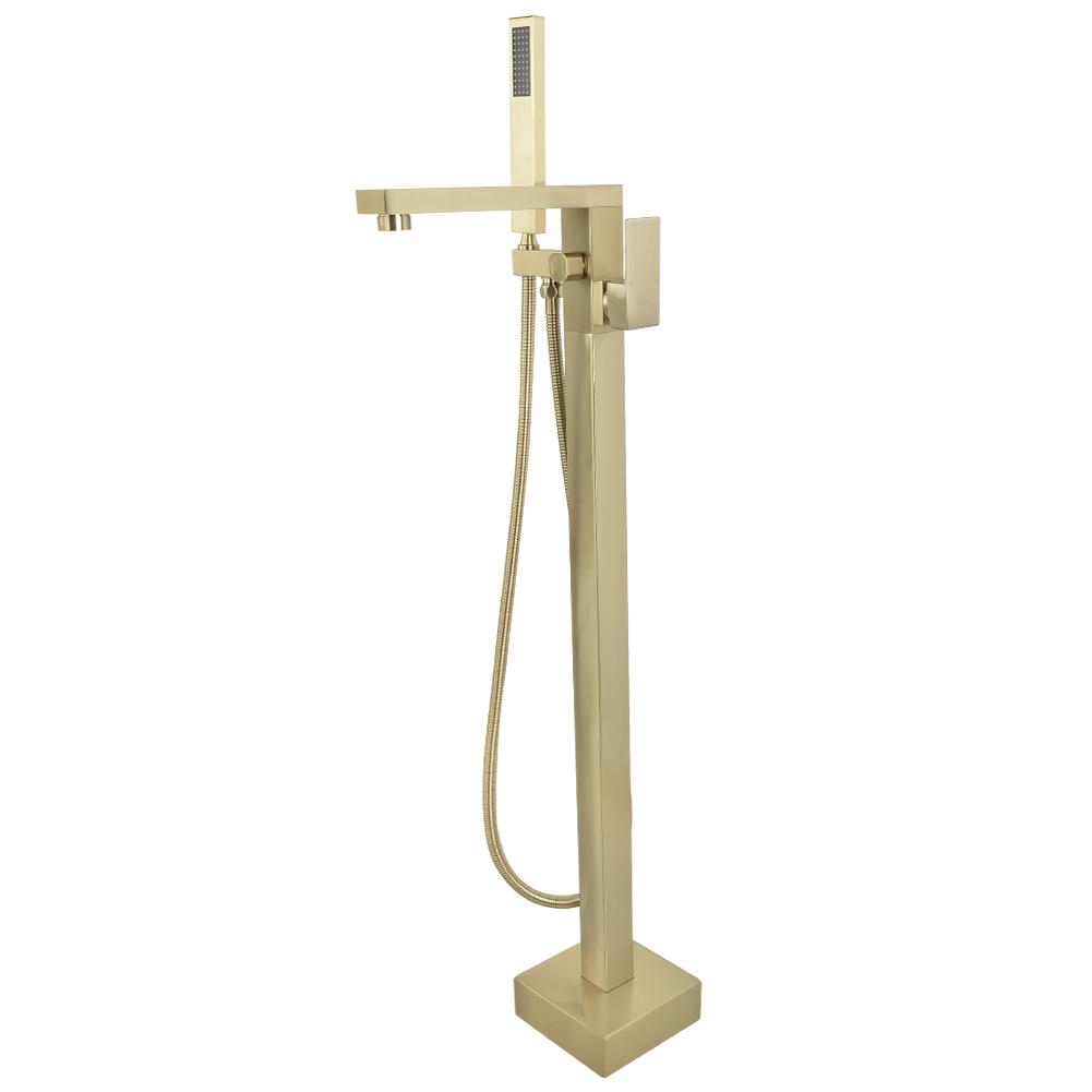 Freestanding Floor Mount Single Handle Bath Tub Filler Faucet with Handheld Shower in Brushed Gold - Alipuinc