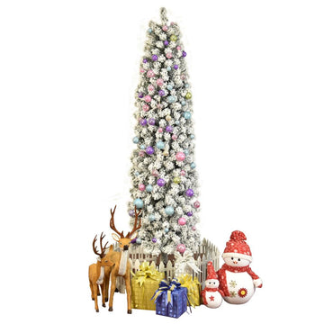 Unlit 7.5FT Artificial Christmas Trees,Classic Pencil Tree with White Snow Flocked