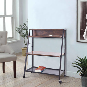 Clihome 35 in. H Brown Wood 3-Shelf Ladder Bookcase with Open Back and Wheels