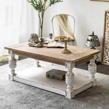 27.6 in. L Beige Vintage Design Wood Fir Venner Coffee Table with Storage Shelf for Living Room