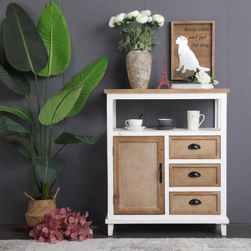 Clihome Light Brown and White Accent Cabinet with Window-Panel Doors and 3 Drawers