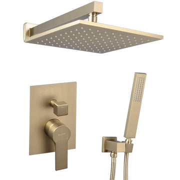 1-Spray Patterns with 2.66 GPM 10 in. Wall Mount Dual Shower Heads with Rough-In Valve Body and Trim in Brushed Gold