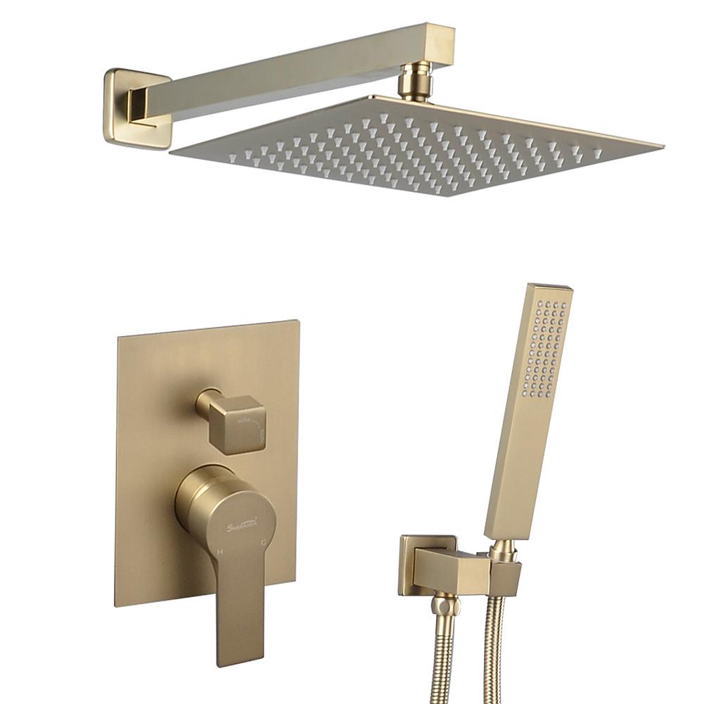 1-Spray Patterns with 2.66 GPM 10 in. Wall Mount Dual Shower Heads with Rough-In Valve Body and Trim in Brushed Gold - Alipuinc
