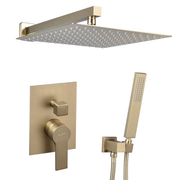 1-Spray Patterns with 2.66 GPM 12 in. Wall Mount Dual Shower Heads with Rough-In Valve Body and Trim in Brushed Gold