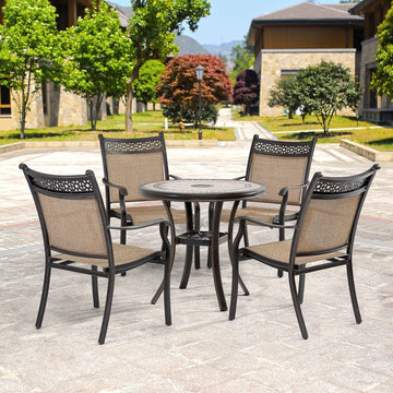 5-piece Cast Aluminum Dining Sling Set with 31-In Round Tile-Top Table and Classic Pattern Sling Chairs Light Brown